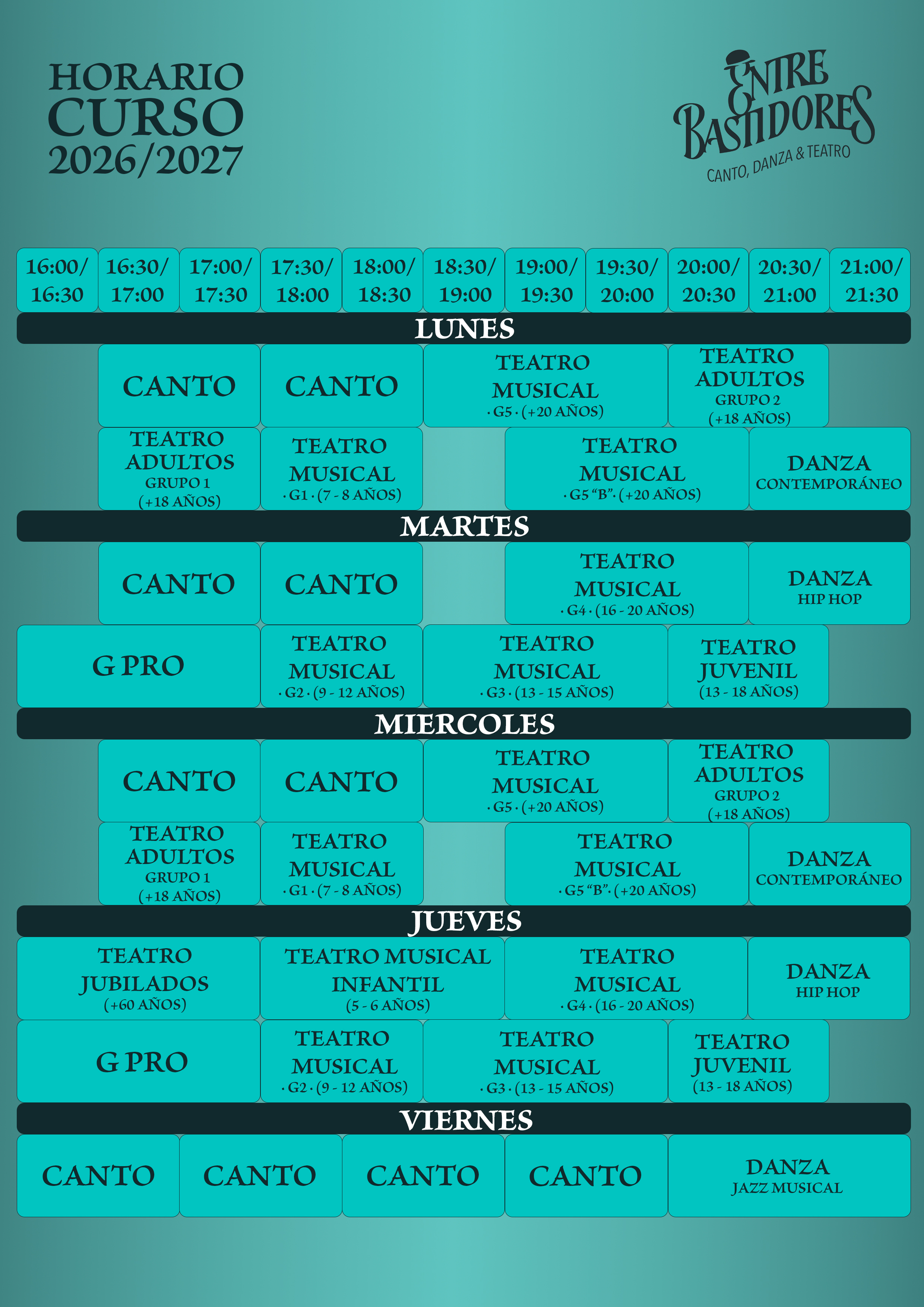 Horarios del curso 2026/2027 de Entre Bastidores