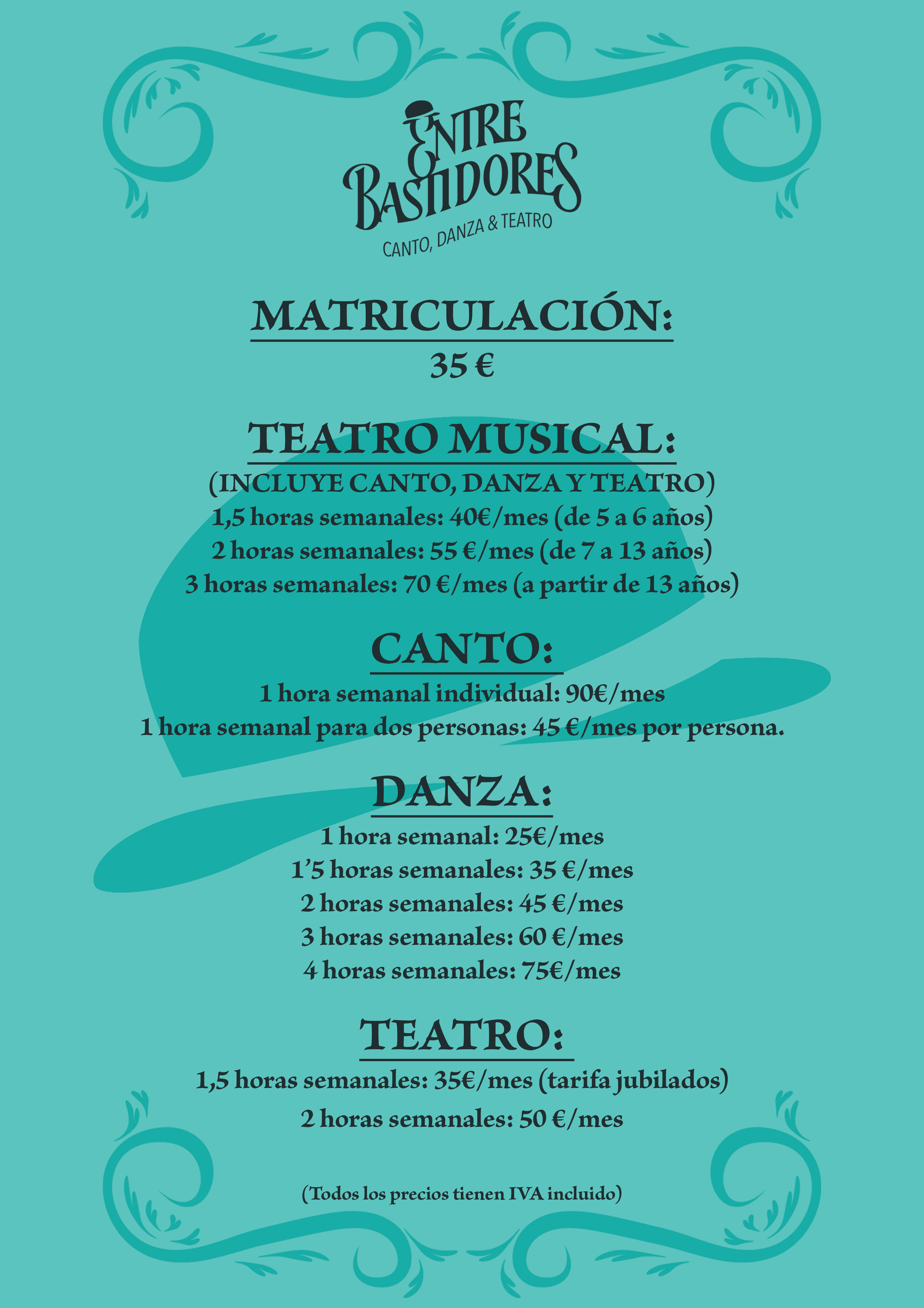 Tarifas y matrícula de Entre Bastidores para el curso 2026/2027